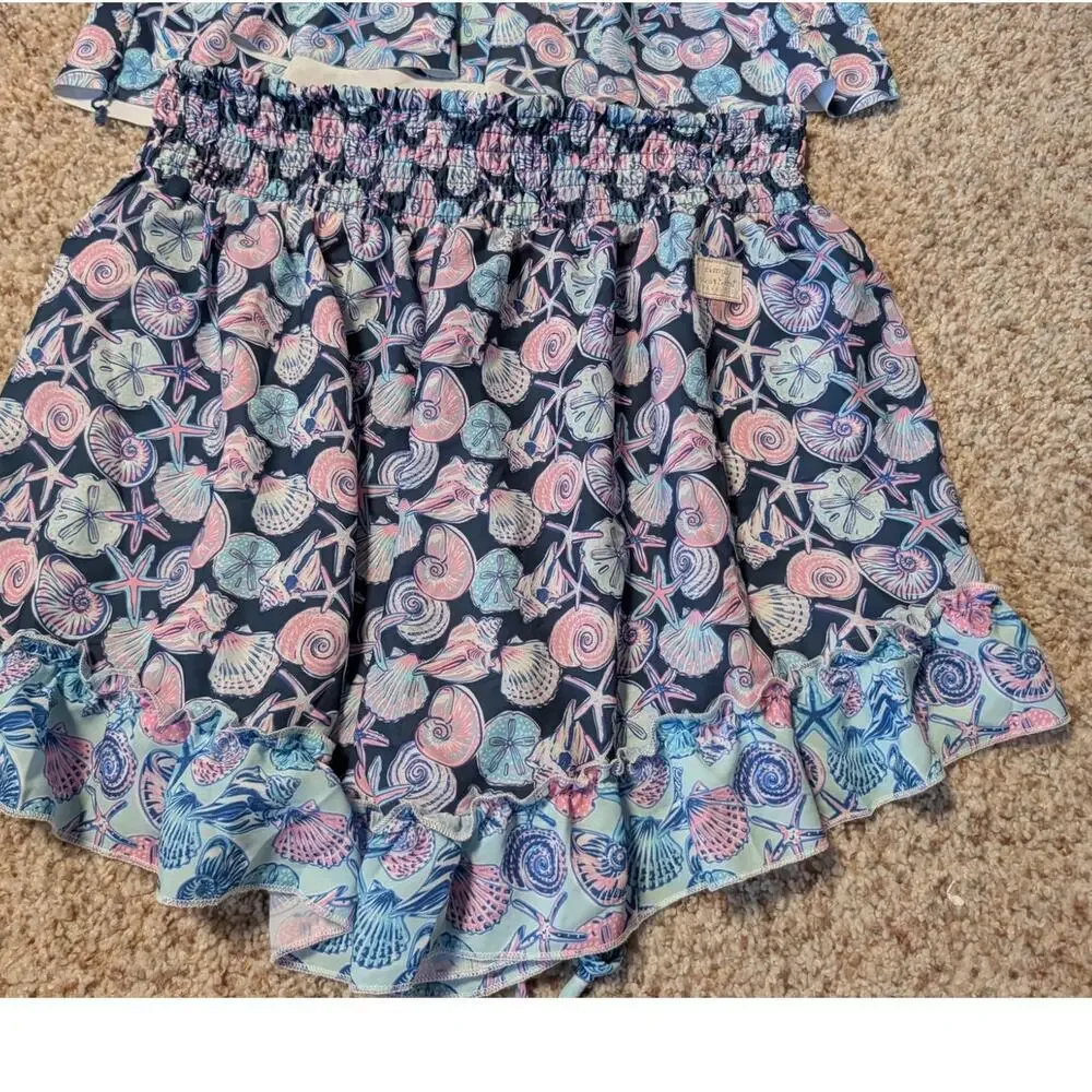 Simply Southern Womens Size M Blue Shell Bee Tankini Top, skort Swimsuit Set